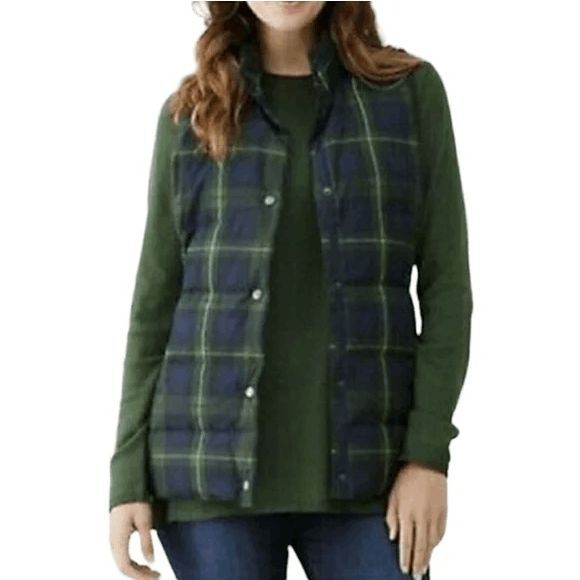 J. Jill Blue Green Plaid Snap Button Down Puffer Vest Women's Size Large Tall - Picture 1 of 6